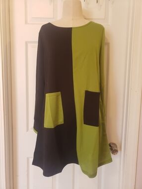 Colorblock Long Sleeve Swing Dress - Black & Olive Green